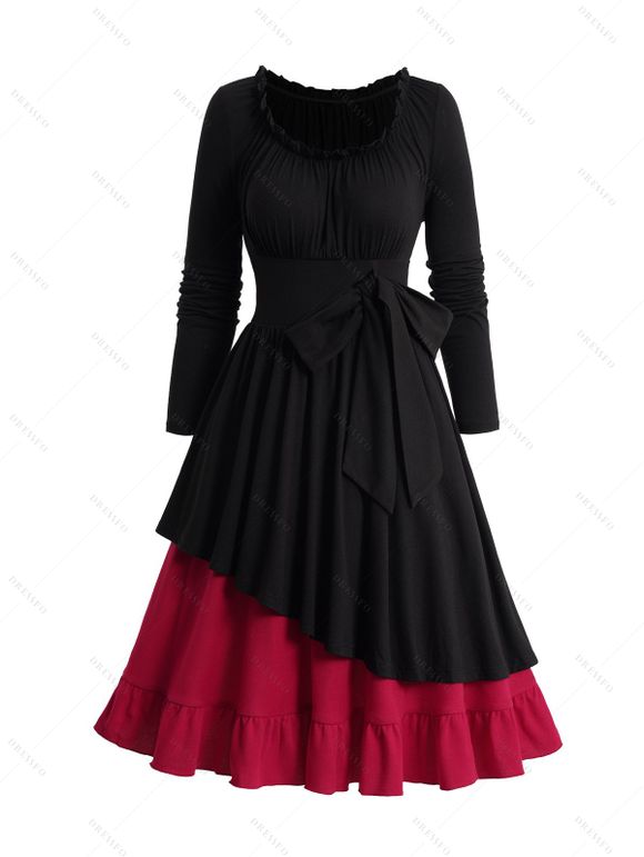 Mini Robe Superposée en Blocs de Couleurs Manches Longues à Col Volanté - Noir XXL | US 14