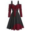 Colorblock Knit Faux Twinset Dress Cold Shoulder Lace Trim Bowknot Cable Knit Long Sleeve Dress - DEEP RED M
