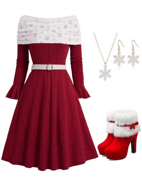 Christmas Snowflake Contrast Foldover Mini Knit Dress And Faux Fur Platforms Boots Snowflake Necklace Drop Earrings Outfit