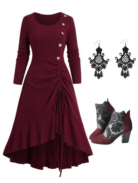 Cinched Flounce Mock Button Midi High Low Knit Dress And Sheer Lace Chunky Heels Zip Fly Sandals Hook Drop Earrings Outfit