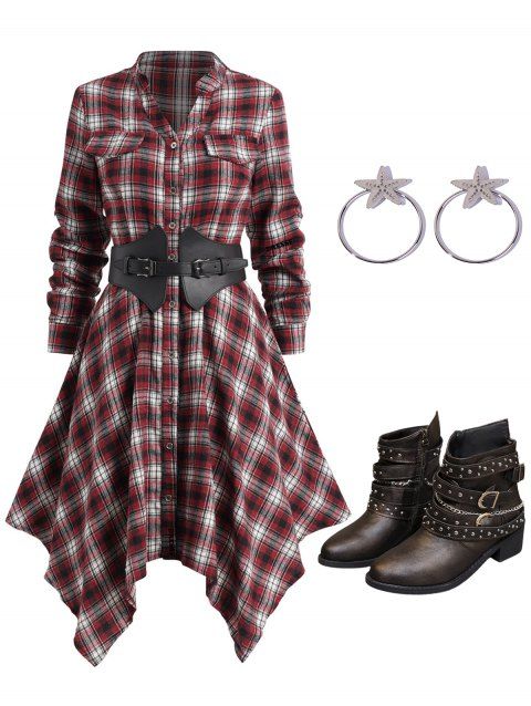 Plaid Print Belted Asymmetric Shirt Dress And Zip Up Chunky Heel Boots Round Shape Metal Earrings Outfit