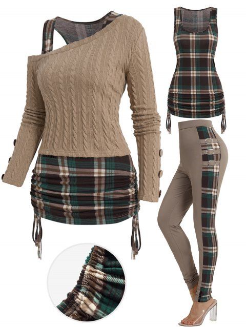 Skew Collar Knit Top Plaid Cinched Tank Top And Buckle Straps Long Leggings Outfit