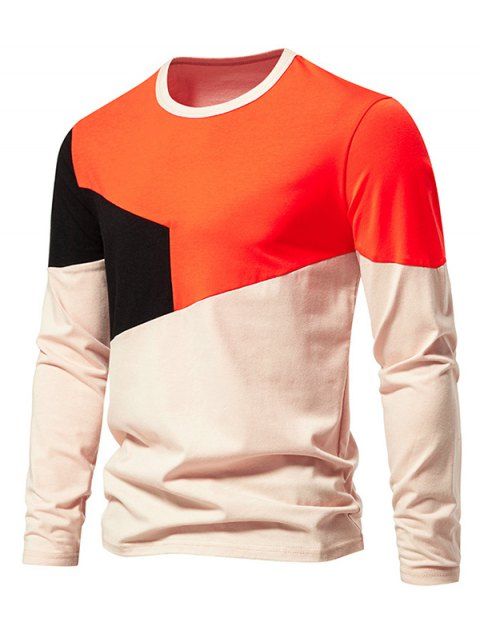 Colorblock Long Sleeve Round Neck Casual Tee