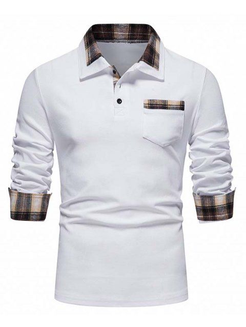 Plaid Print Long Sleeve T-shirt Button Pocket Patch Turndown Collar Casual Tee