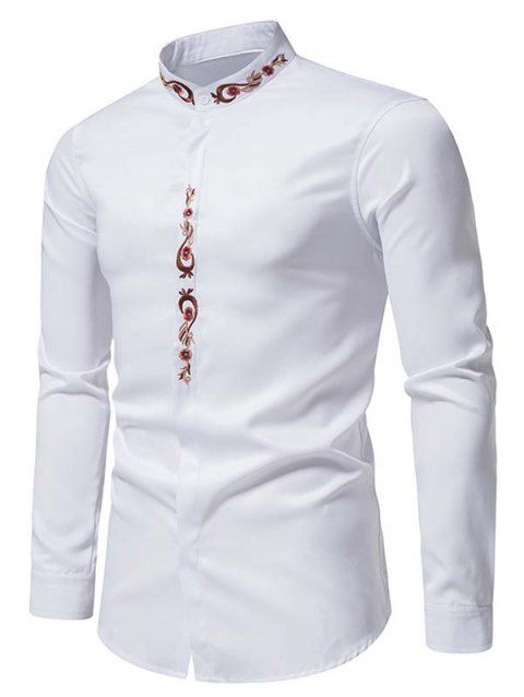 Flower Embroidery Long Sleeve Shirt Button Down Stand-up Collar Shirt