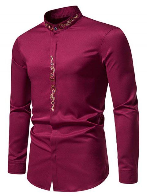 Flower Embroidery Long Sleeve Shirt Button Down Stand-up Collar Shirt