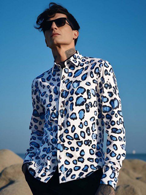 Allover Leopard Print Shirt Long Sleeve Button Up Casual Shirt