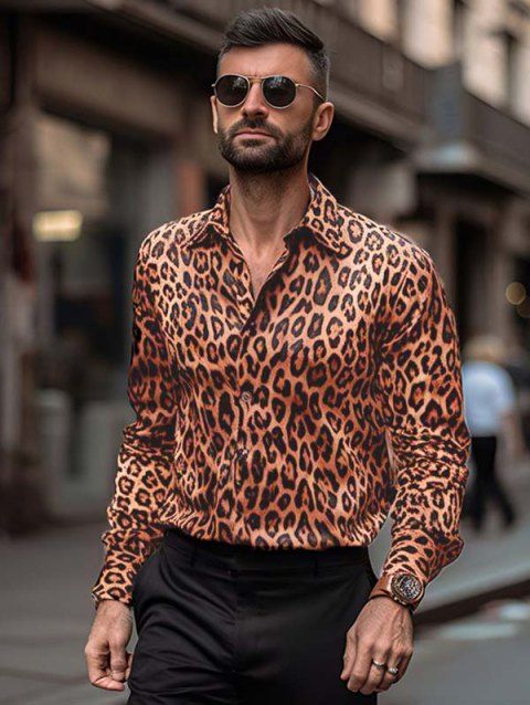 Allover Leopard Print Shirt Long Sleeve Turndown Collar Button Down Shirt