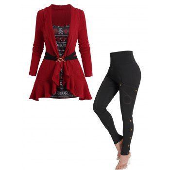 

Christmas Snowflake Print Contrast Self-belted Knit Faux Twinset Top And Stitching Skinny Pencil Pants Outfit, Multicolor