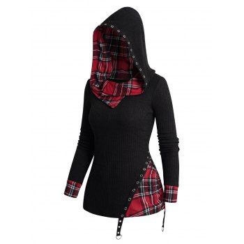 

Casual Plaid Splicing Knit Hoodie Grommet Knitted Hooded Top, Red