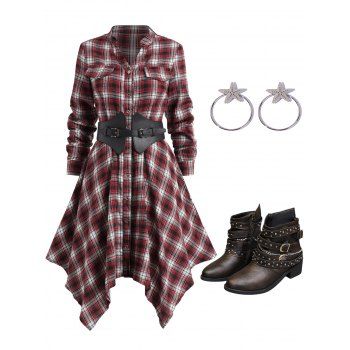 

Plaid Print Belted Asymmetric Shirt Dress And Zip Up Chunky Heel Boots Round Shape Metal Earrings Outfit, Multicolor