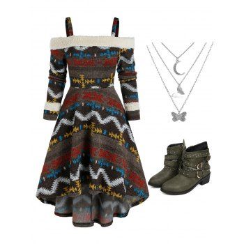 

Knitted Tribal Print Cold Shoulder High Low Dress And Chunky Heel Boots Layered Metal Chain Necklace Outfit, Multicolor