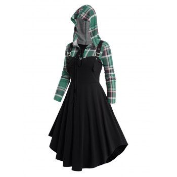 

Plaid Lace Up Buckle Grommet Ruched Peplum Hem Suspender Hooded Patchwork 2 in 1 Long Sleeves Dress, Black