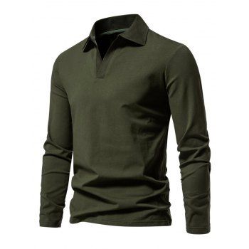 

Solid Color Long Sleeve T-shirt Turndown Collar Casual Tee, Deep green