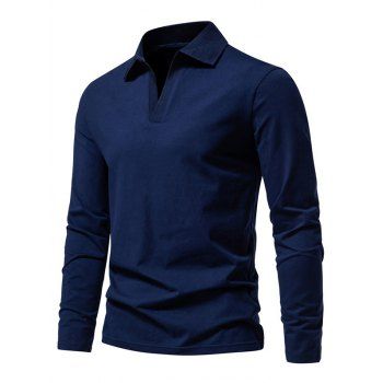 

Solid Color Long Sleeve T-shirt Turndown Collar Casual Tee, Deep blue