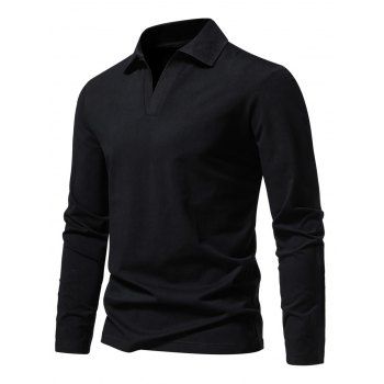 

Solid Color Long Sleeve T-shirt Turndown Collar Casual Tee, Black