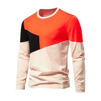 

Colorblock Long Sleeve Round Neck Casual Tee, Dark orange