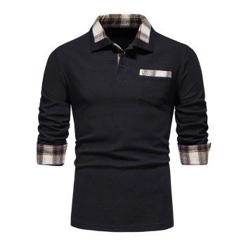 

Plaid Print Long Sleeve T-shirt Button Pocket Patch Turndown Collar Casual Tee, Black