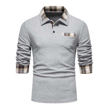 

Plaid Print Long Sleeve T-shirt Button Pocket Patch Turndown Collar Casual Tee, Dark gray