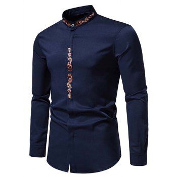 

Flower Embroidery Long Sleeve Shirt Button Down Stand-up Collar Shirt, Deep blue