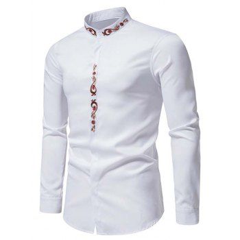 

Flower Embroidery Long Sleeve Shirt Button Down Stand-up Collar Shirt, White