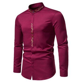 

Flower Embroidery Long Sleeve Shirt Button Down Stand-up Collar Shirt, Deep red