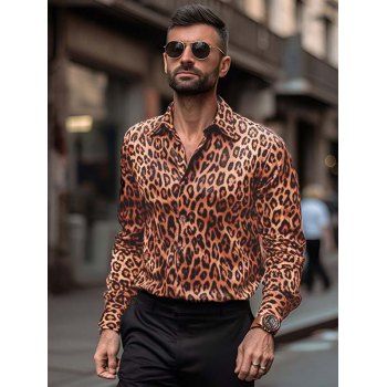 

Allover Leopard Print Shirt Long Sleeve Turndown Collar Button Down Shirt, Multicolor