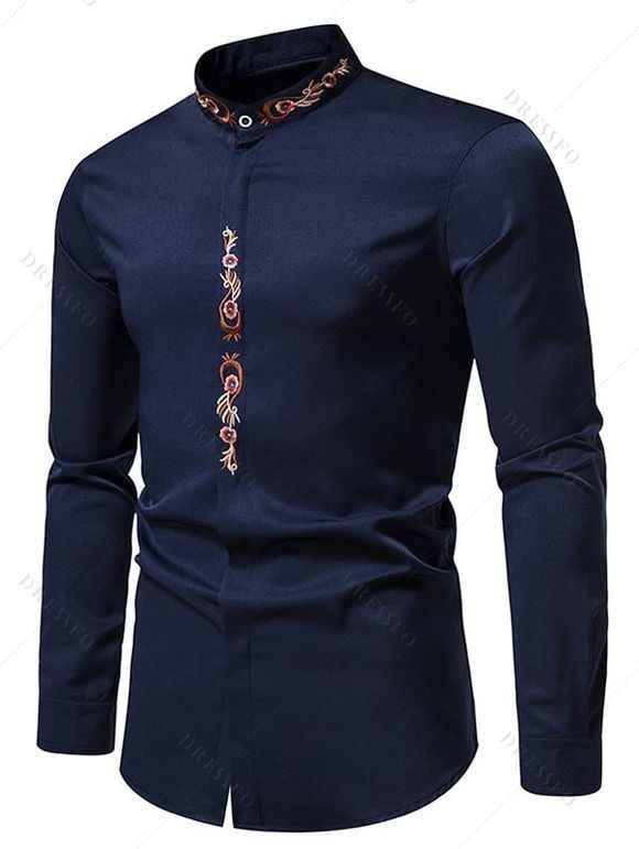 Chemise Fleur Brodée Boutonnée Manches Longues à Col Debout - Bleu profond XL