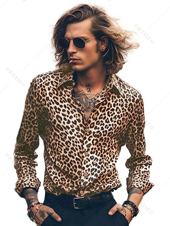 Chemise Décontractée Léopard Imprimé Partout Boutonnée Manches Longues à Col Relevé - multicolor XXL