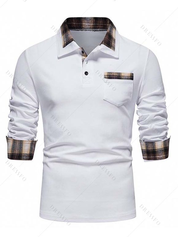 T-shirt Décontracté Boutonné à Carreaux Imprimé Manches Longues avec Poche Jointive - Blanc XL