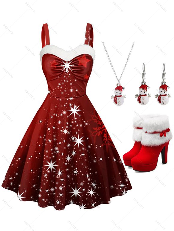 Robe Courte Imprimé Élément de Noël avec Fausse Fourrure - Rouge S | US 4