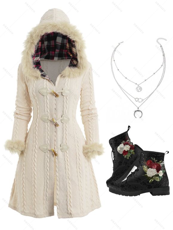 Manteau à Capuche à Carreaux Boutonné en Tricot à Câble en Fausse Fourrure - multicolor S | US 4