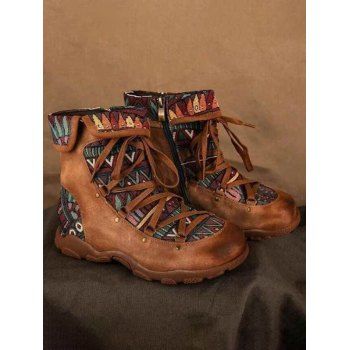 

The New Fashional Ethnic Round Toe Colorblock Lace Up Boots, Light brown