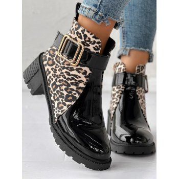 

Leopard Pattern Bicolor Chunky Heel Boots Sequined Engineer Round Toe Boots, Black