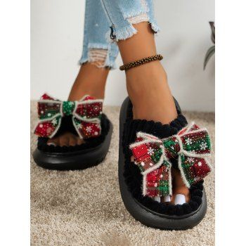 

Christmas Open Toe Bow Snowflake Sequin Slippers, Black