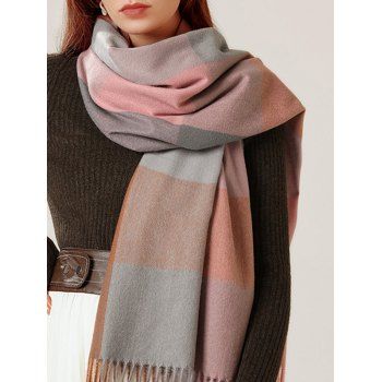 

Contrast Check Pattern Tassel Long Scarf, Pink