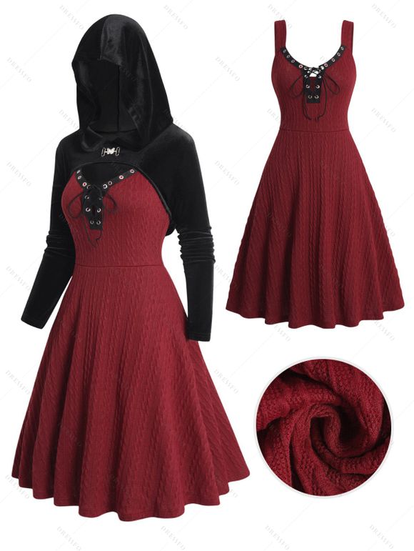 Ensemble de Haut à Capuche en Velours et de Robe Ligne A à Lacets - Rouge foncé XXL | US 14