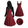 Ensemble de Haut à Capuche en Velours et de Robe Ligne A à Lacets - Rouge foncé XXL | US 14