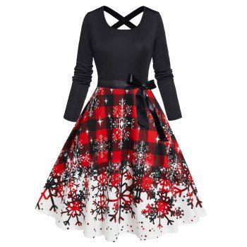 

Christmas Snowflake Plaid Print A Line Dress Back Cross Bowknot Belted Long Sleeve Dress, Red