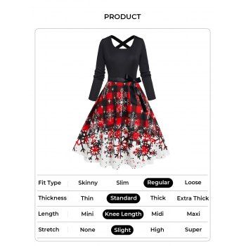 Christmas Snowflake Plaid Print A Line Dress Back Cross Bowknot Belted Long Sleeve Dress