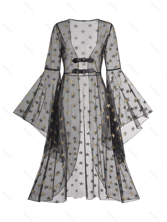 Haut Métallique Long Motif D'Etoile en Maille Transparente à Bretelle Bouclée - Noir XXL | US 14