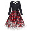 Robe Ligne A à Carreaux Ceinturée Croisé à Imprimé Flocon de Neige et Nœud Papillon à Manches Longues - Rouge M