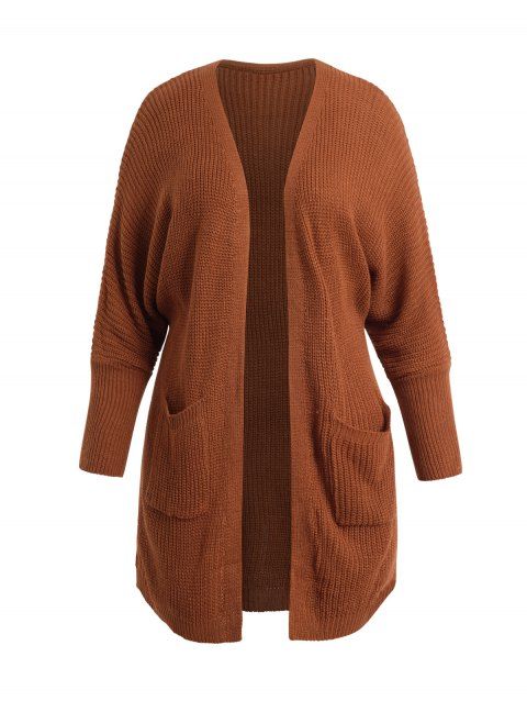 Plus Size & Curve Long Batwing Sleeve Cardigan Solid Color Open Front Pocket Patches Cardigan