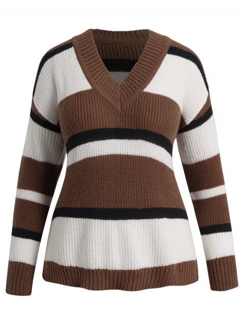 Plus Size & Curve Drop Shoulder Colorblock Stripe V Neck Sweater