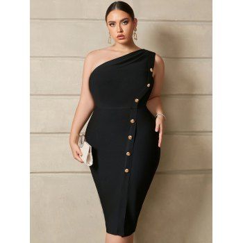 

Plus Size Skew Collar Mock Button Party Dress Solid Color Zip Up Back Curve Dress, Black