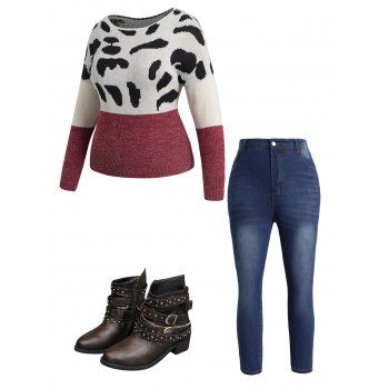 

Plus Size Cow Pattern Colorblock Knit Sweater And Zip Fly Slit Hem Jeans Rivet Buckle Zip Up Boots Outfit, Deep red