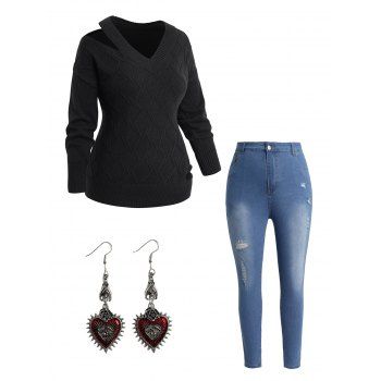 

Plus Size Cut Out V Neck Drop Shoulder Sweater And Ripped Zip Fly Pencil Jeans Rivet Drop Earrings Outfit, Black