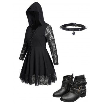 

Plus Size Lace Up Gothic Hooded Dress And Chunky Heel Boots Rivet Choker Outfit, Black