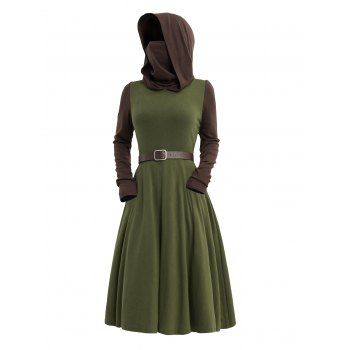 

Hooded Two Tone Mask Face Belted Midi Dress Long Sleeve High Waist Colorblock Dress, Deep green