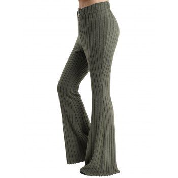 

Ribbed Crossover Waist Flare Pants Solid Color Mock Button Long Pants, Light green